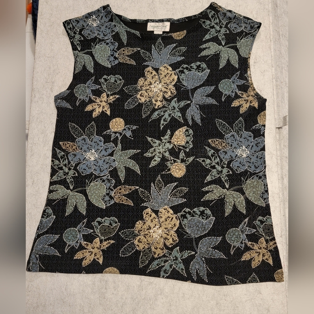 Coldwater Creek Black Floral Print Sleeveless Tank Medium